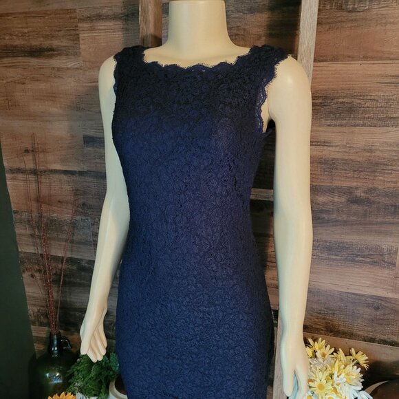 Adrianna Papell Floral Lace Sheath Dress Sz 4 Navy Ethereal Coquette Feminine - Picture 3 of 10